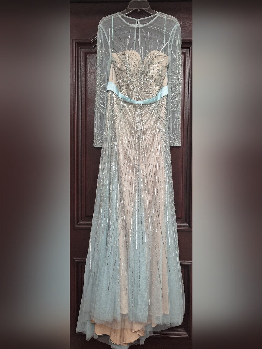 NWT TERANI Elegant Silver-Beaded Light Blue Evening Dress, MOB